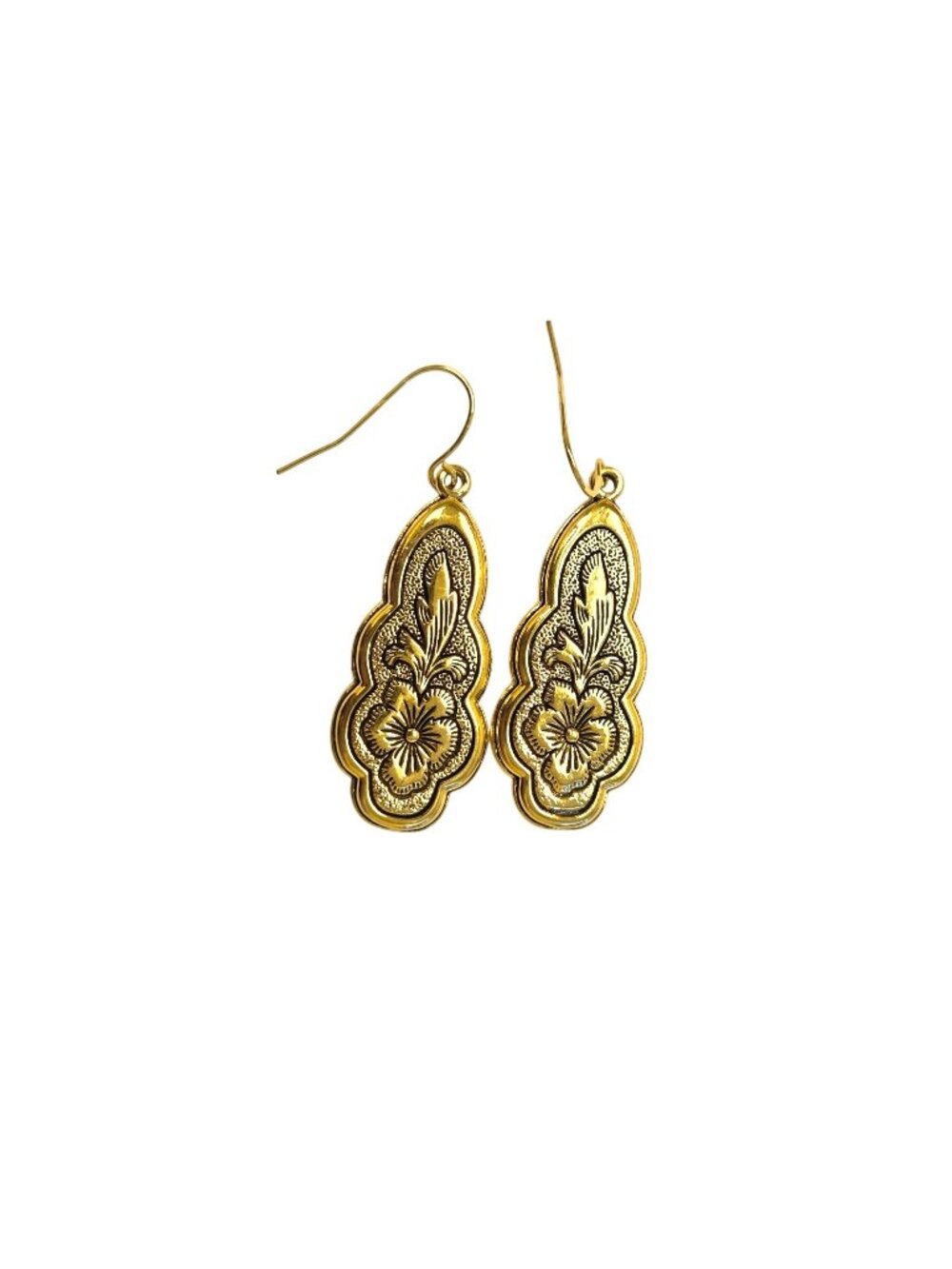 Gold Tone Floral Etched Drop Earrings With Hook